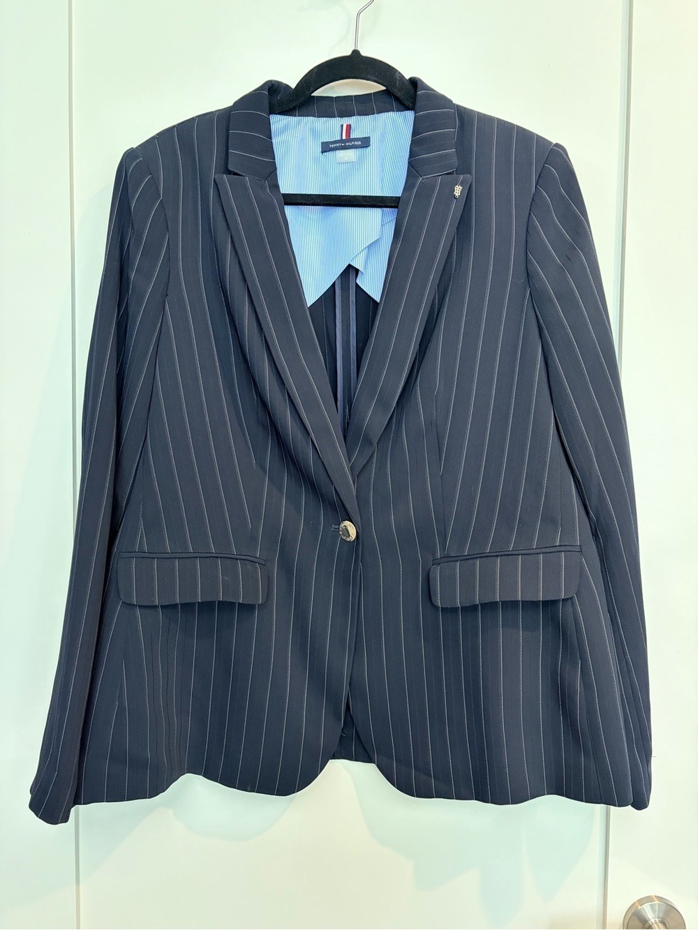 Tommy Hilfiger Navy Pinstripe Blazer Jacket Silver Button Size 14